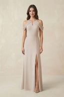 Off - the - Shoulder Chiffon Sheath Bridesmaid Dress With Slit in Frost - KissProm Bridesmaid Dresses