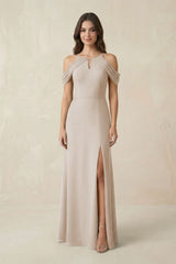 Off - the - Shoulder Chiffon Sheath Bridesmaid Dress With Slit in Frost - KissProm Bridesmaid Dresses