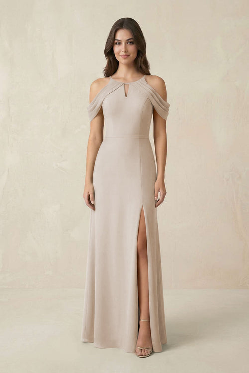 Off - the - Shoulder Chiffon Sheath Bridesmaid Dress With Slit in Frost - KissProm Bridesmaid Dresses