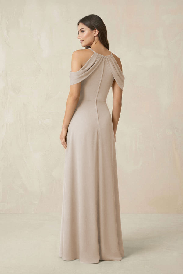 Off - the - Shoulder Chiffon Sheath Bridesmaid Dress With Slit in Frost - KissProm Bridesmaid Dresses