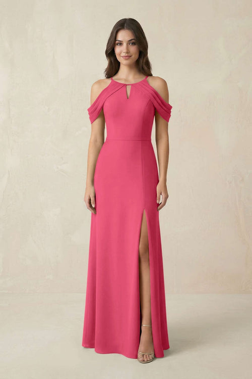 Off - the - Shoulder Chiffon Sheath Bridesmaid Dress With Slit in Fuchsia - KissProm Bridesmaid Dresses