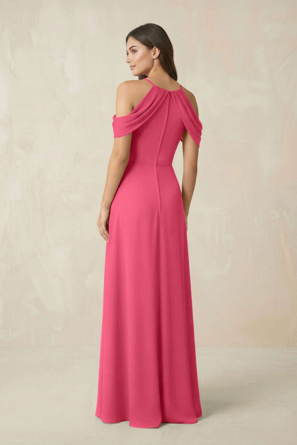 Off - the - Shoulder Chiffon Sheath Bridesmaid Dress With Slit in Fuchsia - KissProm Bridesmaid Dresses