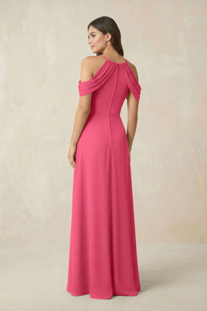 Off - the - Shoulder Chiffon Sheath Bridesmaid Dress With Slit in Fuchsia - KissProm Bridesmaid Dresses
