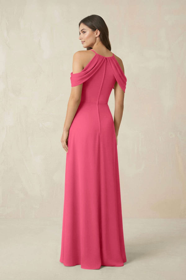 Off - the - Shoulder Chiffon Sheath Bridesmaid Dress With Slit in Fuchsia - KissProm Bridesmaid Dresses