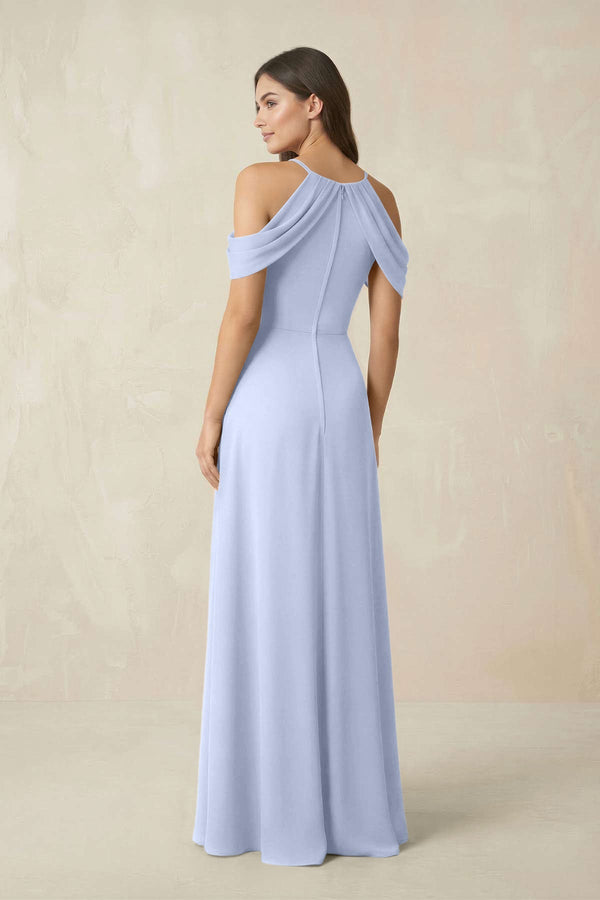 Off - the - Shoulder Chiffon Sheath Bridesmaid Dress With Slit in Ice - KissProm Bridesmaid Dresses