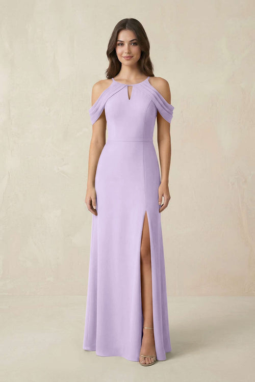 Off - the - Shoulder Chiffon Sheath Bridesmaid Dress With Slit in Lavender - KissProm Bridesmaid Dresses