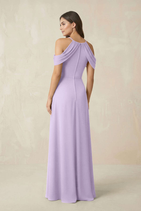 Off - the - Shoulder Chiffon Sheath Bridesmaid Dress With Slit in Lavender - KissProm Bridesmaid Dresses