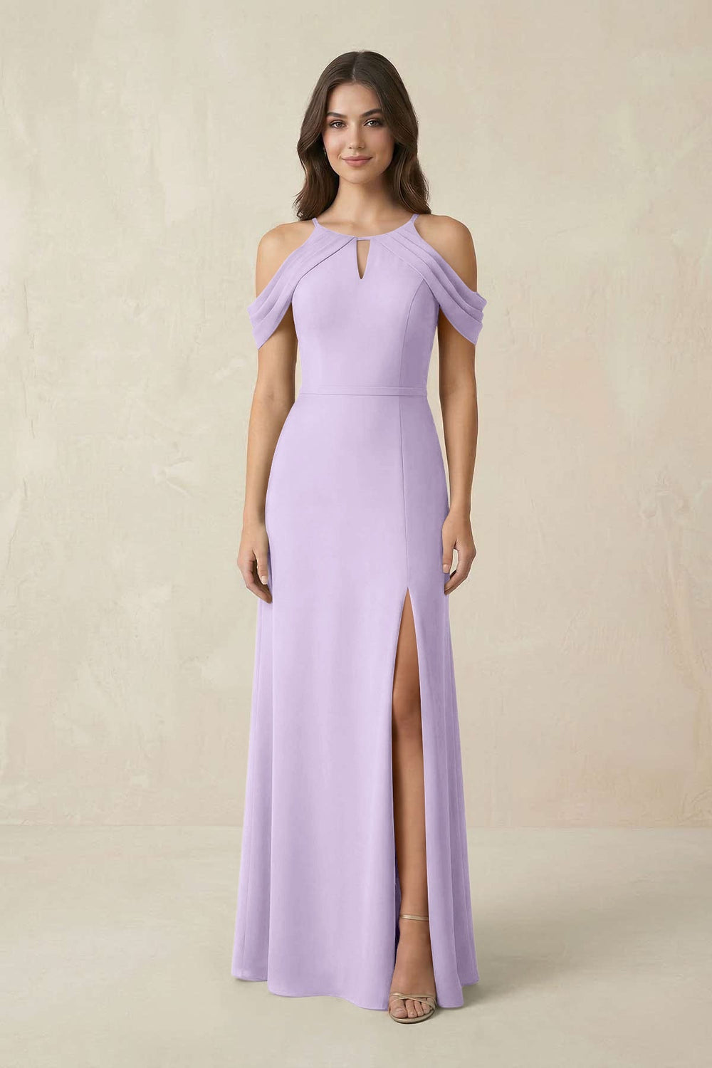 Off - the - Shoulder Chiffon Sheath Bridesmaid Dress With Slit in Lavender - KissProm Bridesmaid Dresses