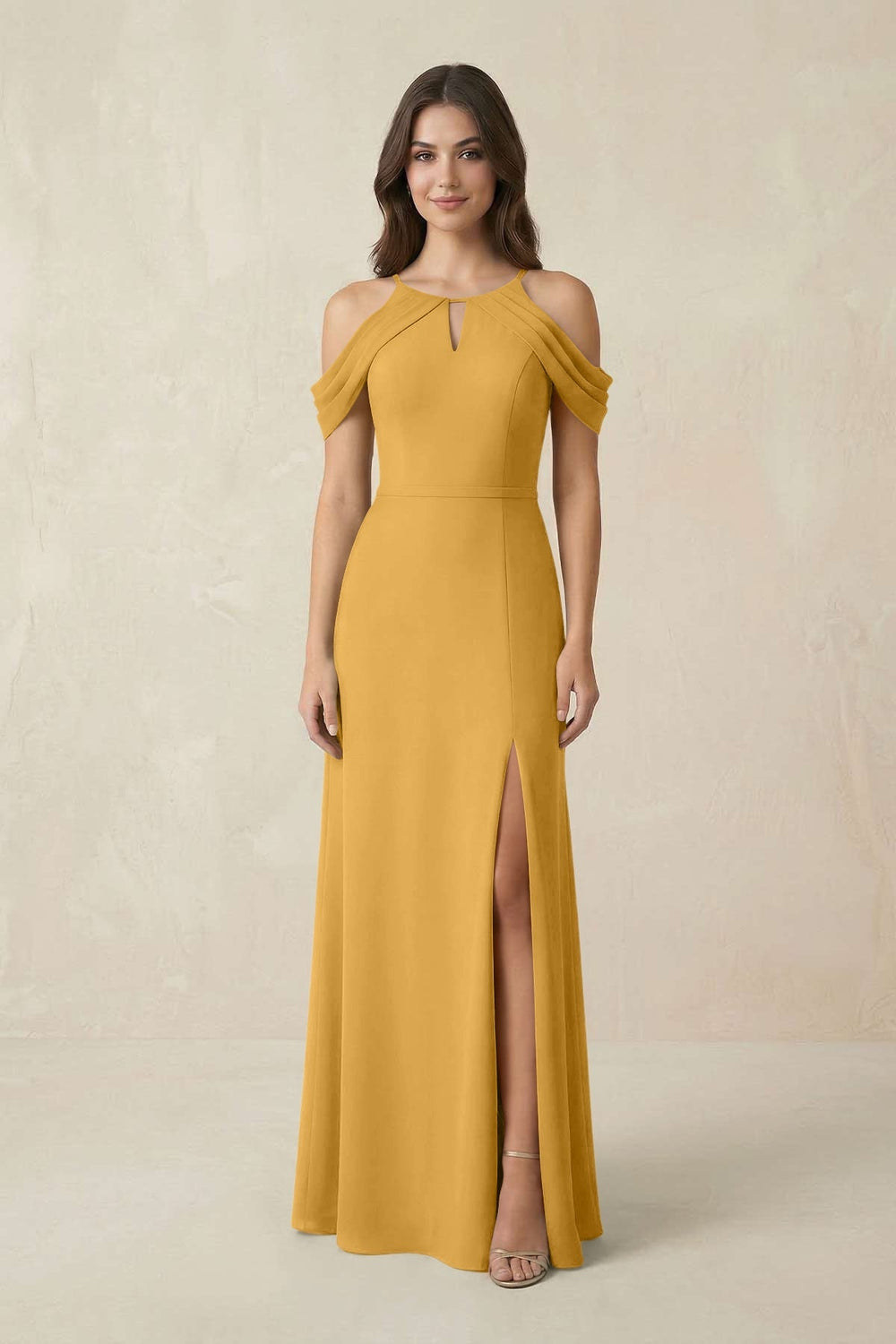 Off - the - Shoulder Chiffon Sheath Bridesmaid Dress With Slit in Marigold - KissProm Bridesmaid Dresses