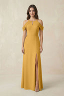 Off - the - Shoulder Chiffon Sheath Bridesmaid Dress With Slit in Marigold - KissProm Bridesmaid Dresses