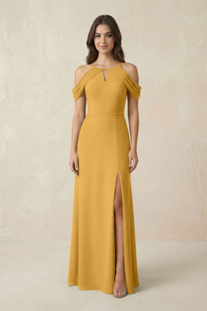 Off - the - Shoulder Chiffon Sheath Bridesmaid Dress With Slit in Marigold - KissProm Bridesmaid Dresses
