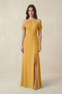 Off - the - Shoulder Chiffon Sheath Bridesmaid Dress With Slit in Marigold - KissProm Bridesmaid Dresses