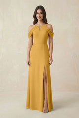 Off - the - Shoulder Chiffon Sheath Bridesmaid Dress With Slit in Marigold - KissProm Bridesmaid Dresses