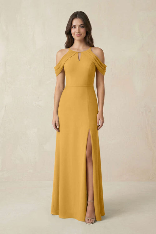 Off - the - Shoulder Chiffon Sheath Bridesmaid Dress With Slit in Marigold - KissProm Bridesmaid Dresses