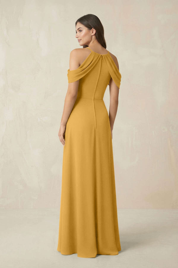 Off - the - Shoulder Chiffon Sheath Bridesmaid Dress With Slit in Marigold - KissProm Bridesmaid Dresses