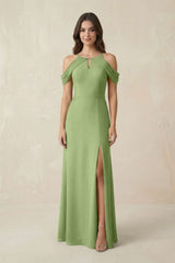 Off - the - Shoulder Chiffon Sheath Bridesmaid Dress With Slit in Matcha - KissProm Bridesmaid Dresses