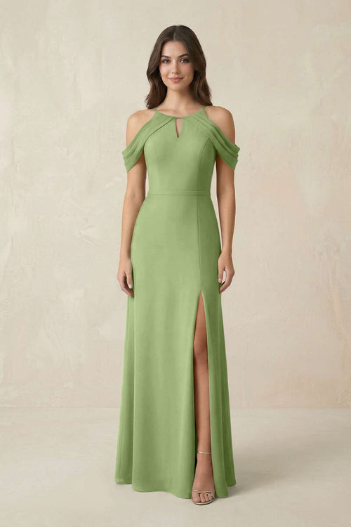 Off - the - Shoulder Chiffon Sheath Bridesmaid Dress With Slit in Matcha - KissProm Bridesmaid Dresses