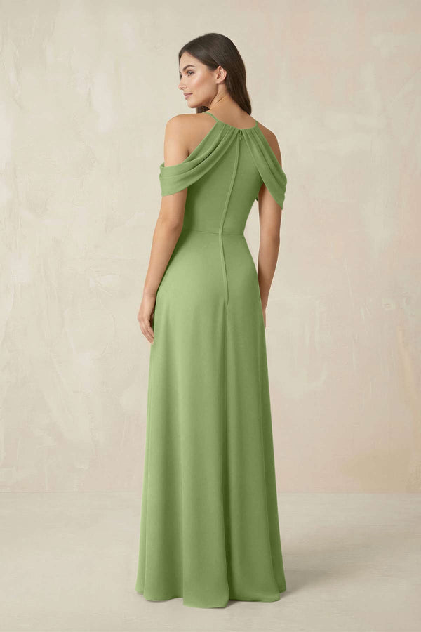 Off - the - Shoulder Chiffon Sheath Bridesmaid Dress With Slit in Matcha - KissProm Bridesmaid Dresses