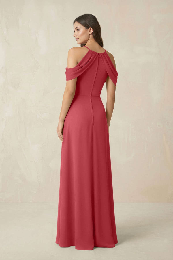 Off - the - Shoulder Chiffon Sheath Bridesmaid Dress With Slit in Merlot - KissProm Bridesmaid Dresses