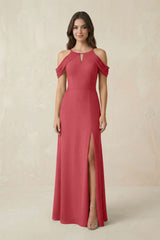 Off - the - Shoulder Chiffon Sheath Bridesmaid Dress With Slit in Merlot - KissProm Bridesmaid Dresses