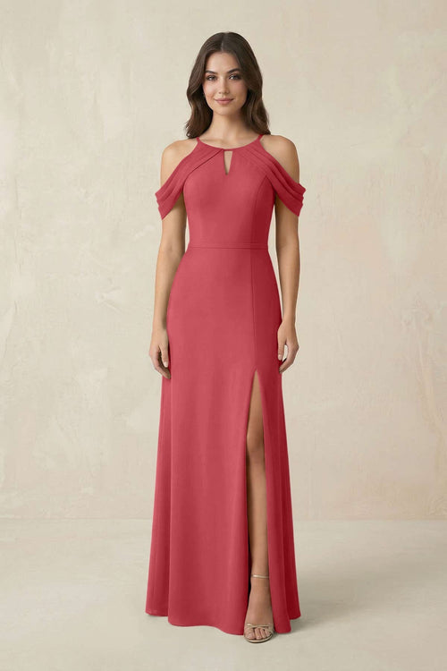 Off - the - Shoulder Chiffon Sheath Bridesmaid Dress With Slit in Merlot - KissProm Bridesmaid Dresses