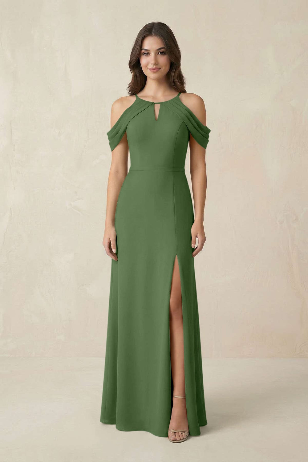 Off - the - Shoulder Chiffon Sheath Bridesmaid Dress With Slit in Moss - KissProm Bridesmaid Dresses