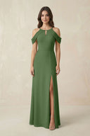 Off - the - Shoulder Chiffon Sheath Bridesmaid Dress With Slit in Moss - KissProm Bridesmaid Dresses