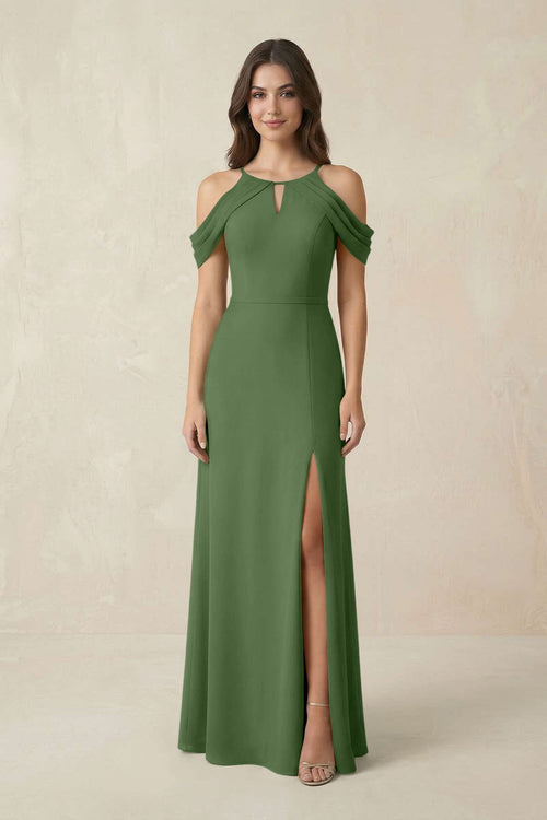Off - the - Shoulder Chiffon Sheath Bridesmaid Dress With Slit in Moss - KissProm Bridesmaid Dresses