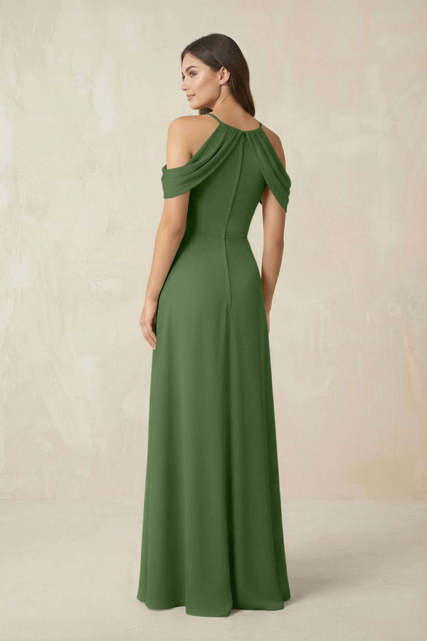 Off - the - Shoulder Chiffon Sheath Bridesmaid Dress With Slit in Moss - KissProm Bridesmaid Dresses