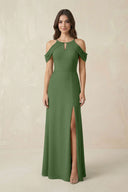 Off - the - Shoulder Chiffon Sheath Bridesmaid Dress With Slit in Moss - KissProm Bridesmaid Dresses