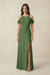 Off - the - Shoulder Chiffon Sheath Bridesmaid Dress With Slit in Moss - KissProm Bridesmaid Dresses