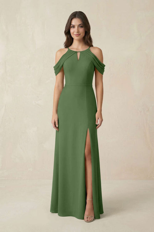 Off - the - Shoulder Chiffon Sheath Bridesmaid Dress With Slit in Moss - KissProm Bridesmaid Dresses