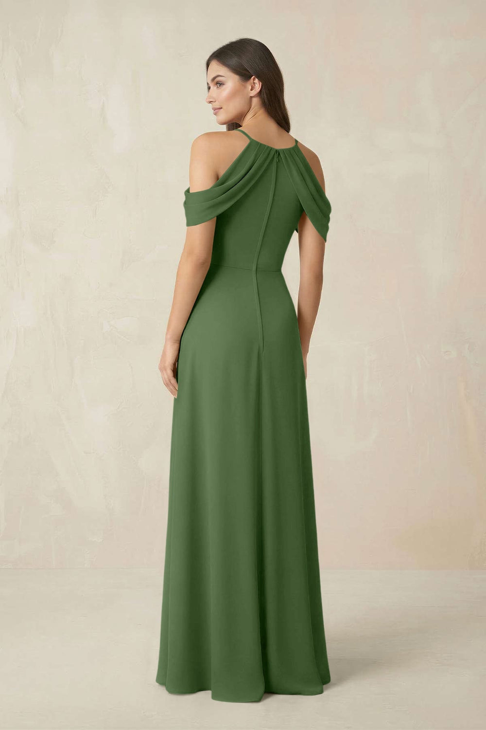 Off - the - Shoulder Chiffon Sheath Bridesmaid Dress With Slit in Moss - KissProm Bridesmaid Dresses