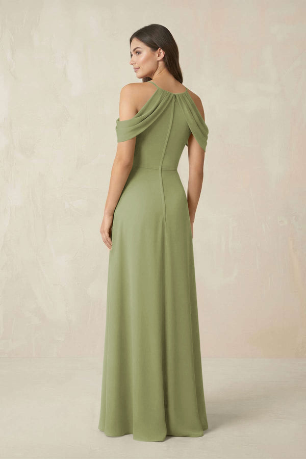 Off - the - Shoulder Chiffon Sheath Bridesmaid Dress With Slit in Moss Green - KissProm Bridesmaid Dresses