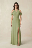 Off - the - Shoulder Chiffon Sheath Bridesmaid Dress With Slit in Moss Green - KissProm Bridesmaid Dresses