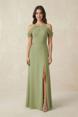 Off - the - Shoulder Chiffon Sheath Bridesmaid Dress With Slit in Moss Green - KissProm Bridesmaid Dresses