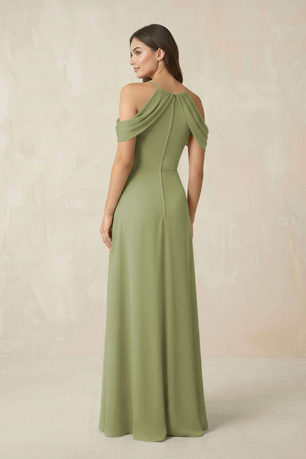 Off - the - Shoulder Chiffon Sheath Bridesmaid Dress With Slit in Moss Green - KissProm Bridesmaid Dresses