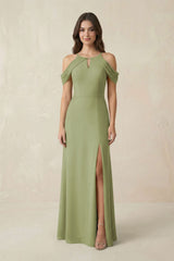 Off - the - Shoulder Chiffon Sheath Bridesmaid Dress With Slit in Moss Green - KissProm Bridesmaid Dresses