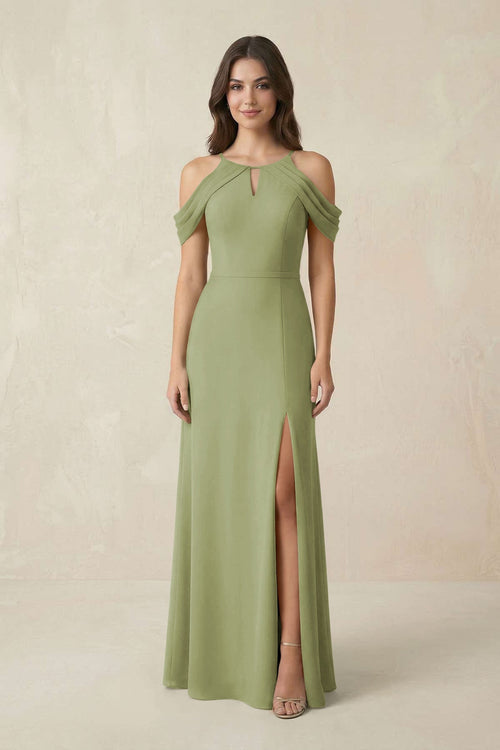 Off - the - Shoulder Chiffon Sheath Bridesmaid Dress With Slit in Moss Green - KissProm Bridesmaid Dresses