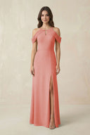 Off - the - Shoulder Chiffon Sheath Bridesmaid Dress With Slit in Mulberry - KissProm Bridesmaid Dresses