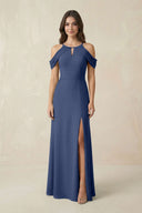 Off - the - Shoulder Chiffon Sheath Bridesmaid Dress With Slit in Navy - KissProm Bridesmaid Dresses
