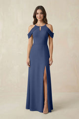 Off - the - Shoulder Chiffon Sheath Bridesmaid Dress With Slit in Navy - KissProm Bridesmaid Dresses