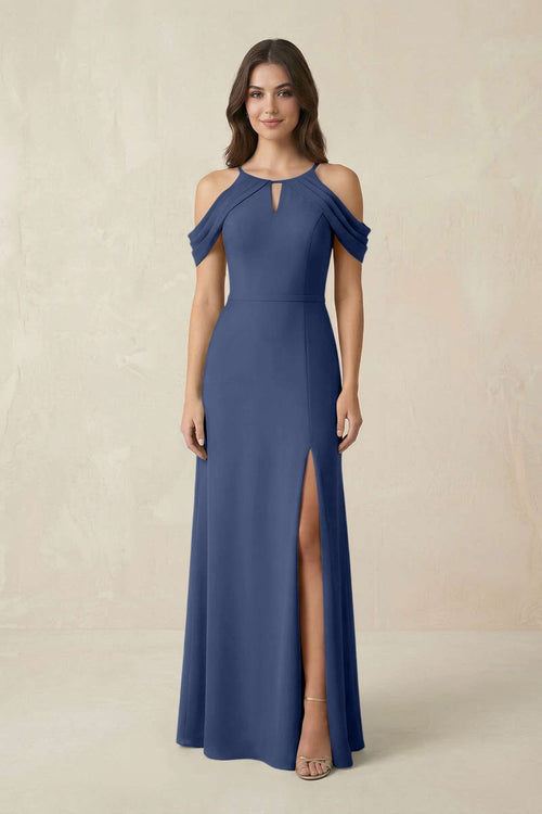 Off - the - Shoulder Chiffon Sheath Bridesmaid Dress With Slit in Navy - KissProm Bridesmaid Dresses