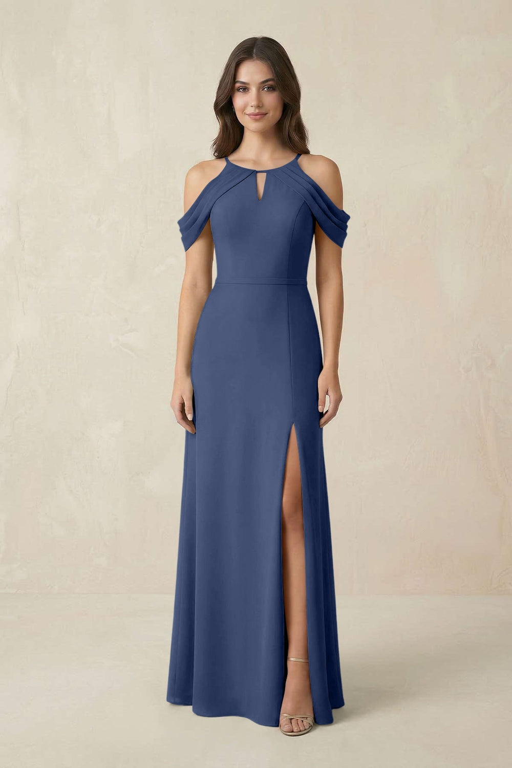 Off - the - Shoulder Chiffon Sheath Bridesmaid Dress With Slit in Navy - KissProm Bridesmaid Dresses