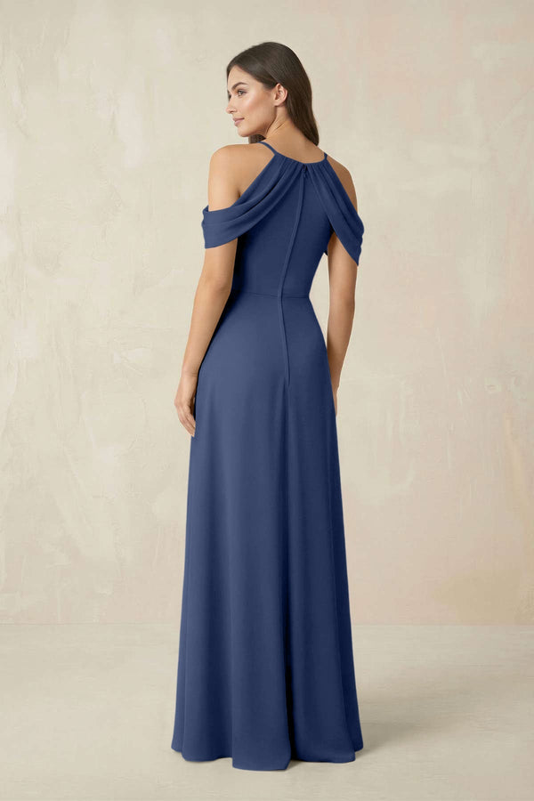 Off - the - Shoulder Chiffon Sheath Bridesmaid Dress With Slit in Navy - KissProm Bridesmaid Dresses