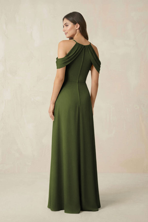 Off - the - Shoulder Chiffon Sheath Bridesmaid Dress With Slit in Olive - KissProm Bridesmaid Dresses