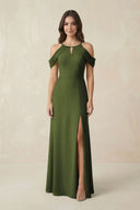 Off - the - Shoulder Chiffon Sheath Bridesmaid Dress With Slit in Olive - KissProm Bridesmaid Dresses