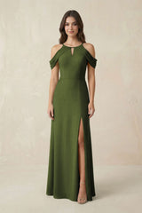 Off - the - Shoulder Chiffon Sheath Bridesmaid Dress With Slit in Olive - KissProm Bridesmaid Dresses