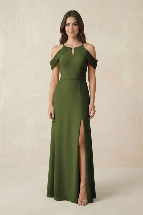Off - the - Shoulder Chiffon Sheath Bridesmaid Dress With Slit in Olive - KissProm Bridesmaid Dresses