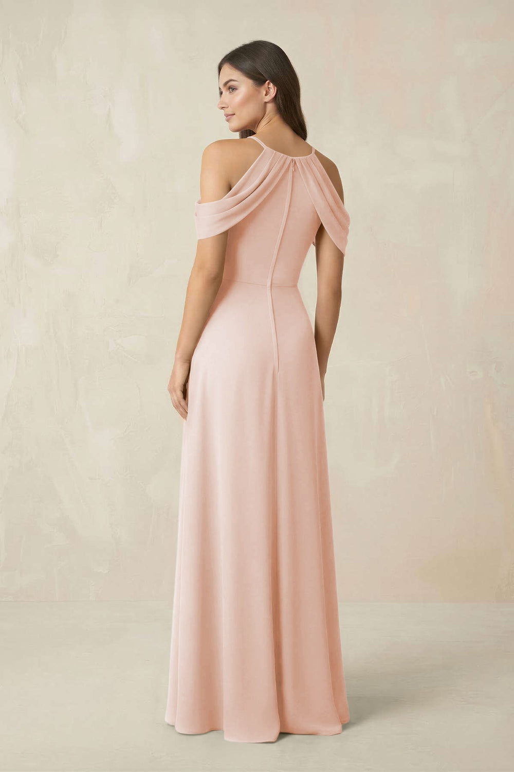 Off - the - Shoulder Chiffon Sheath Bridesmaid Dress With Slit in Pale Blush - KissProm Bridesmaid Dresses